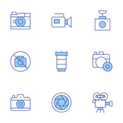 Camera icons set. Line Duotone style, editable stroke. camera lens, no camera, photo camera, lens, video camera, video recorder, photography