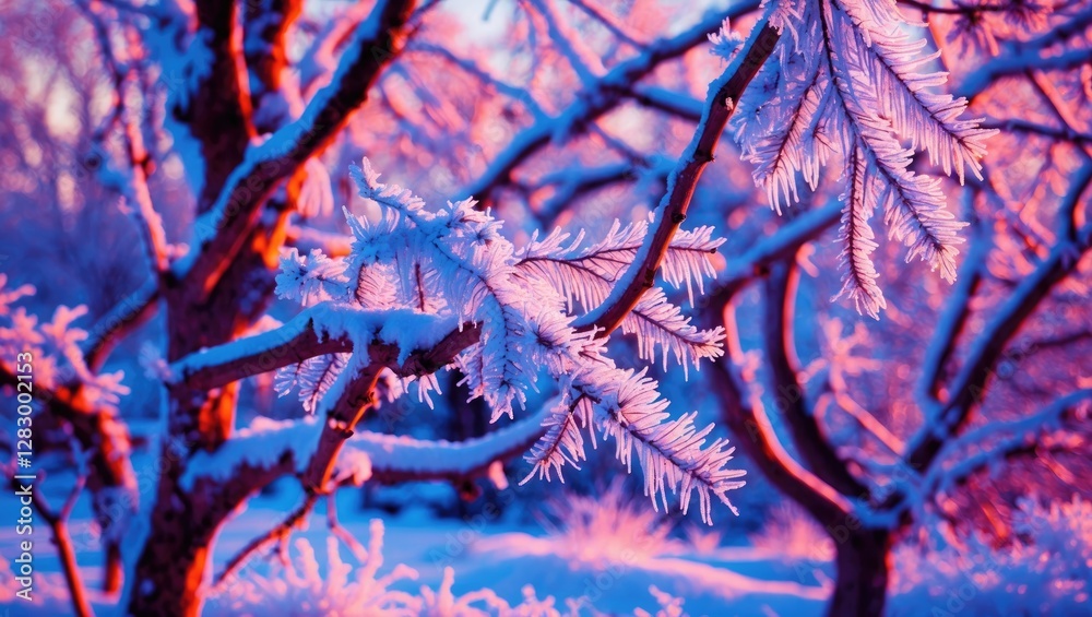 Poster frost covered tree branches in a winter landscape with colorful lighting and snow on the ground
