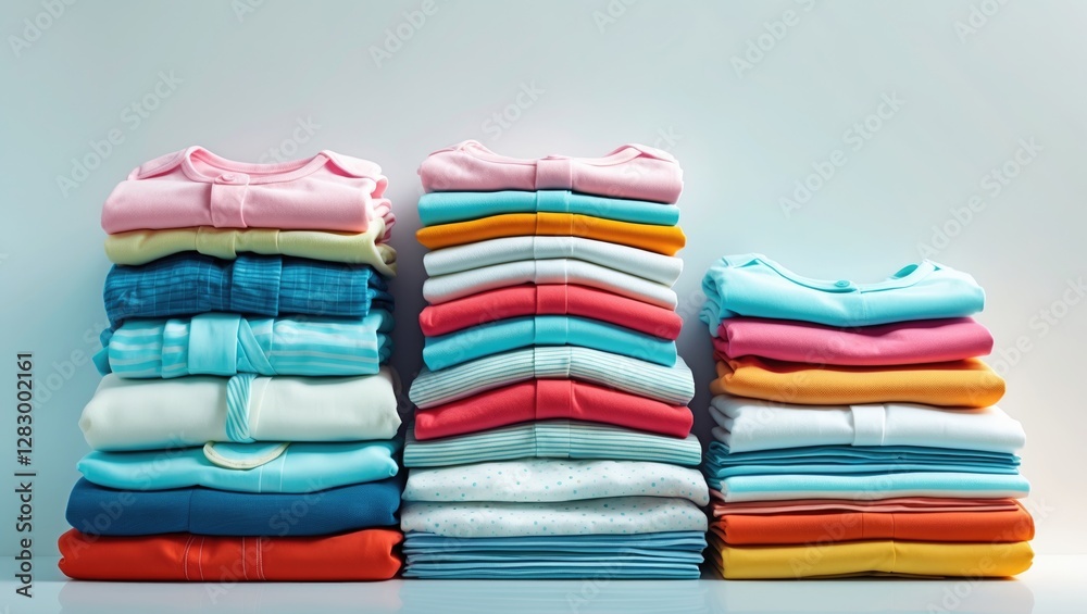 Poster Stacks of neatly folded colorful clothing in a minimalist setting on a white surface with a soft background light