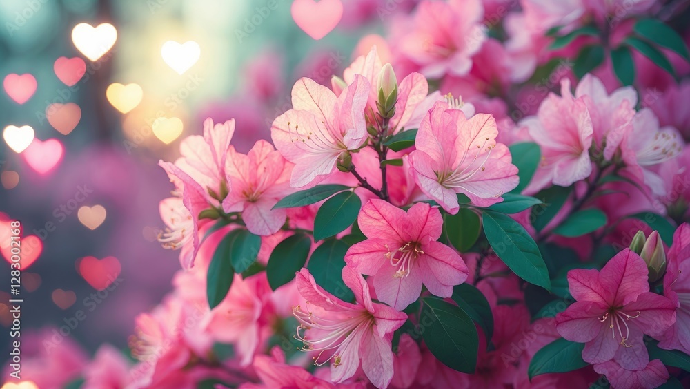 Poster pink azalea flowers in bloom with a soft blurred background of heart-shaped bokeh lights in warm ton