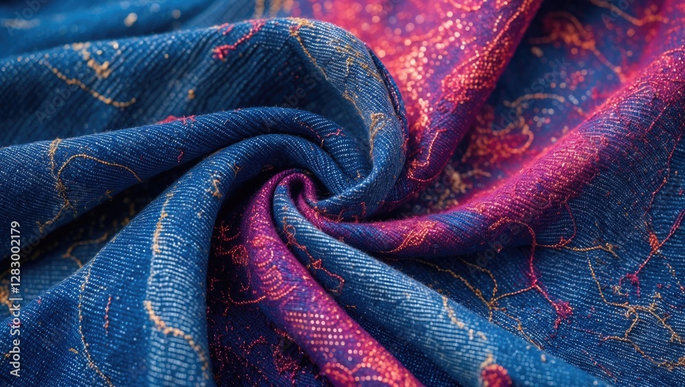 Poster colorful textile fabric close-up with intricate patterns in blue and pink tones elegantly draped and