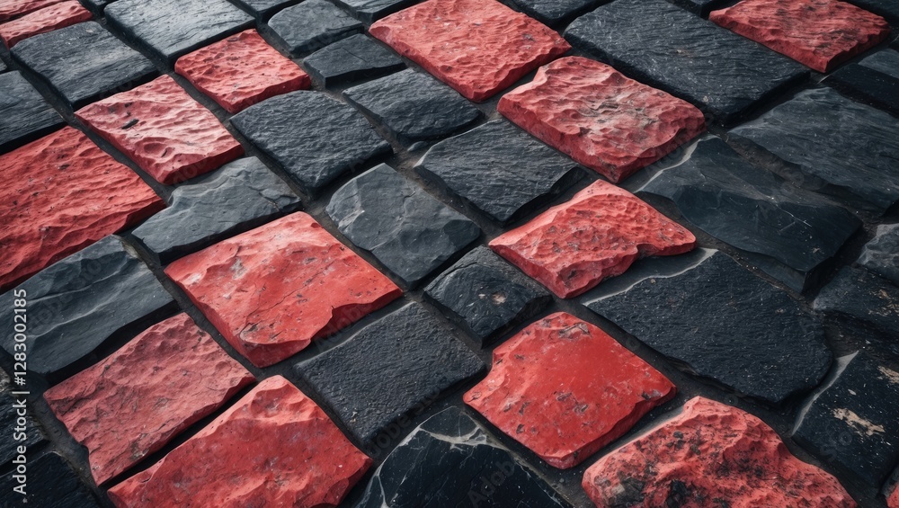 Poster textured surface of interlocking red and black paving stones arranged in a geometric pattern outdoor