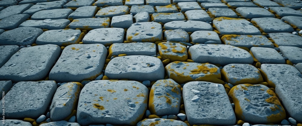 Poster textured cobblestone pavement with uneven stones and moss growth in varied colors under soft light