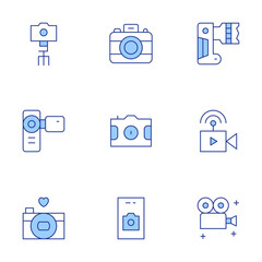 Camera icons set. Line Duotone style, editable stroke. camera, camera tripod, photo camera, live streaming, film, photography, video camera