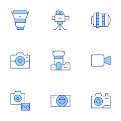 Camera icons set. Line Duotone style, editable stroke. camera, photo camera, cinema camera, digital camera, camera lens, video camera