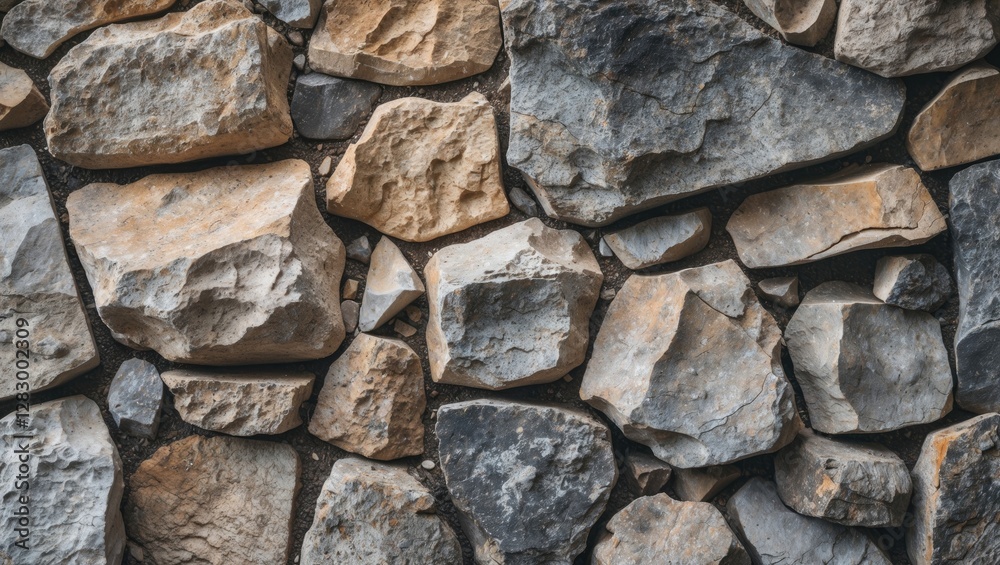 Poster Textured stone wall with various sizes and shapes of rocks in neutral tones showcasing natural geological patterns