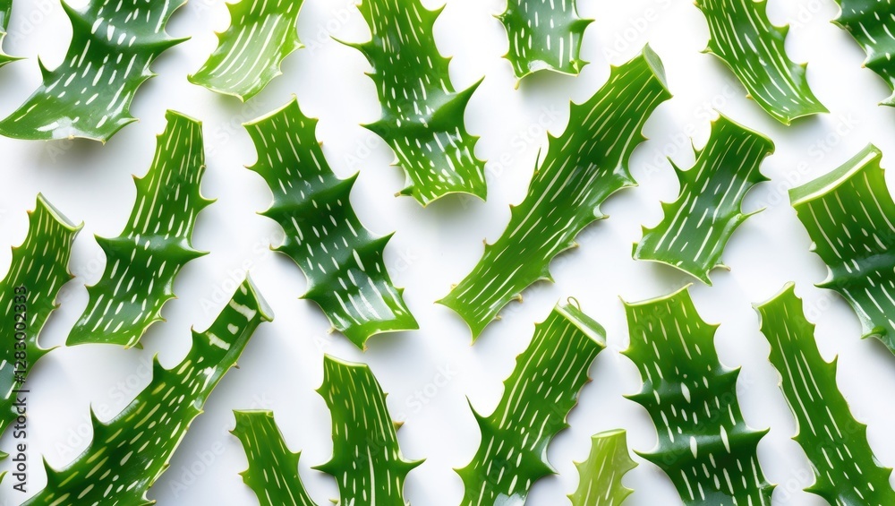 Poster aloe vera leaves arranged in pattern on a white background showcasing their vibrant green color and 