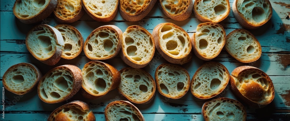 Poster Sliced bread with visible holes arranged on a rustic wooden surface in a well-lit setting
