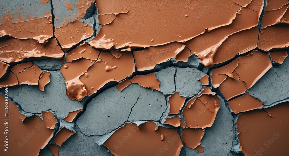 Poster textured close-up of cracked paint showing layers of orange and gray colors on a weathered surface.