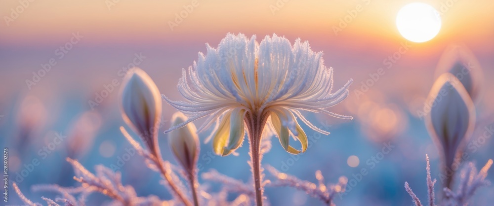 Poster Frosted flower petals with sunrise in background creating a pastel color palette and soft focus on floral details