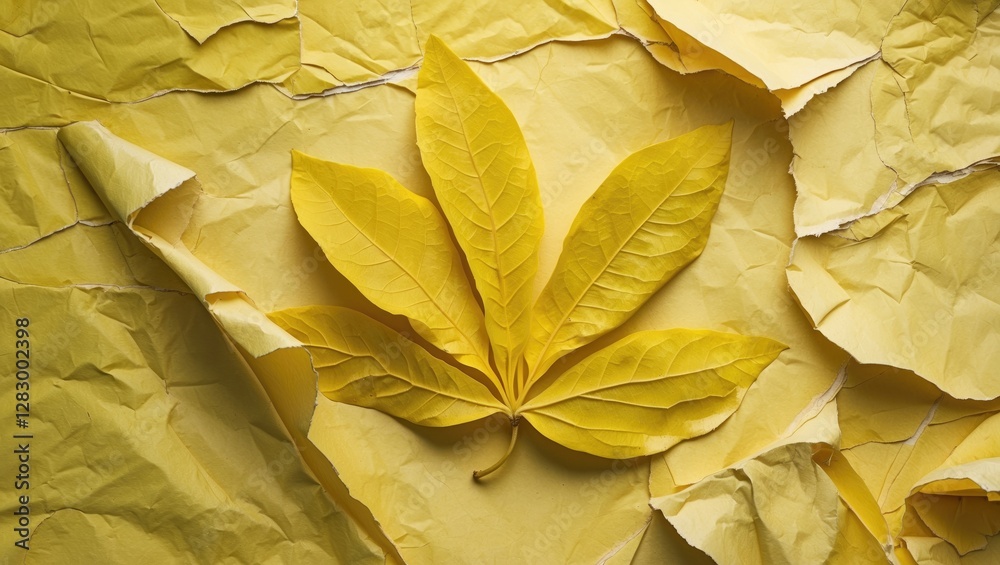 Aufkleber yellow leaf on crumpled yellow paper background creating a textured natural composition for design a