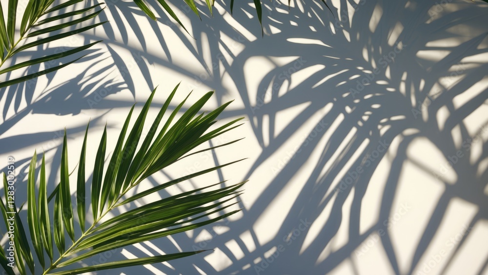 Poster palm leaves casting intricate shadows on a textured white wall in natural light creating a graphic p