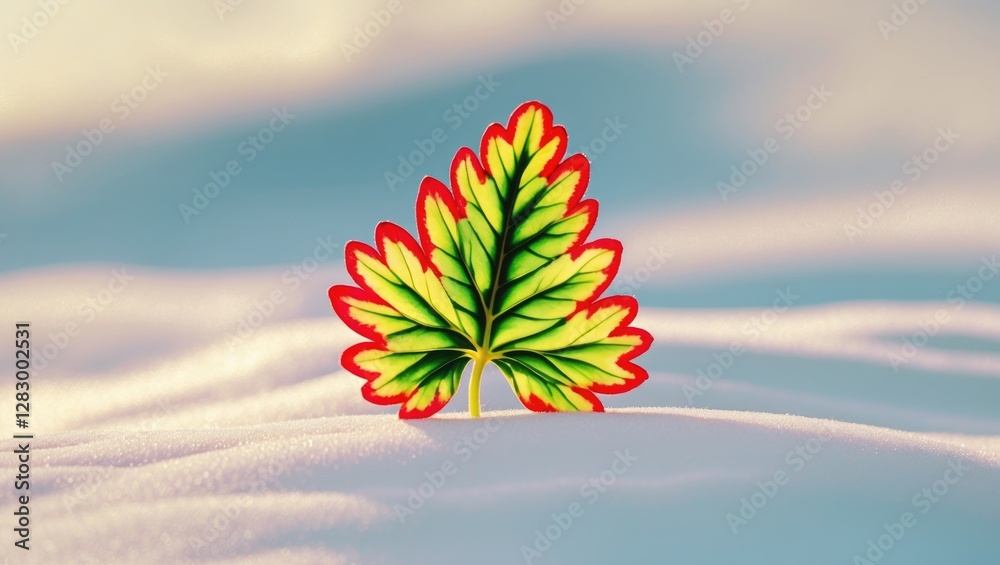 Aufkleber Colorful leaf with intricate patterns resting on a smooth snow surface under soft natural light