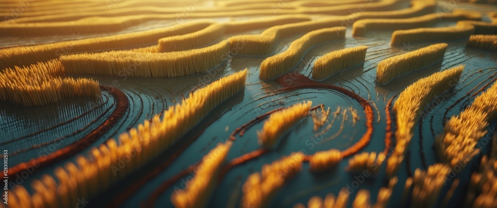 Poster Abstract topographic landscape representation with intricate patterns and golden hues illuminated by ambient light