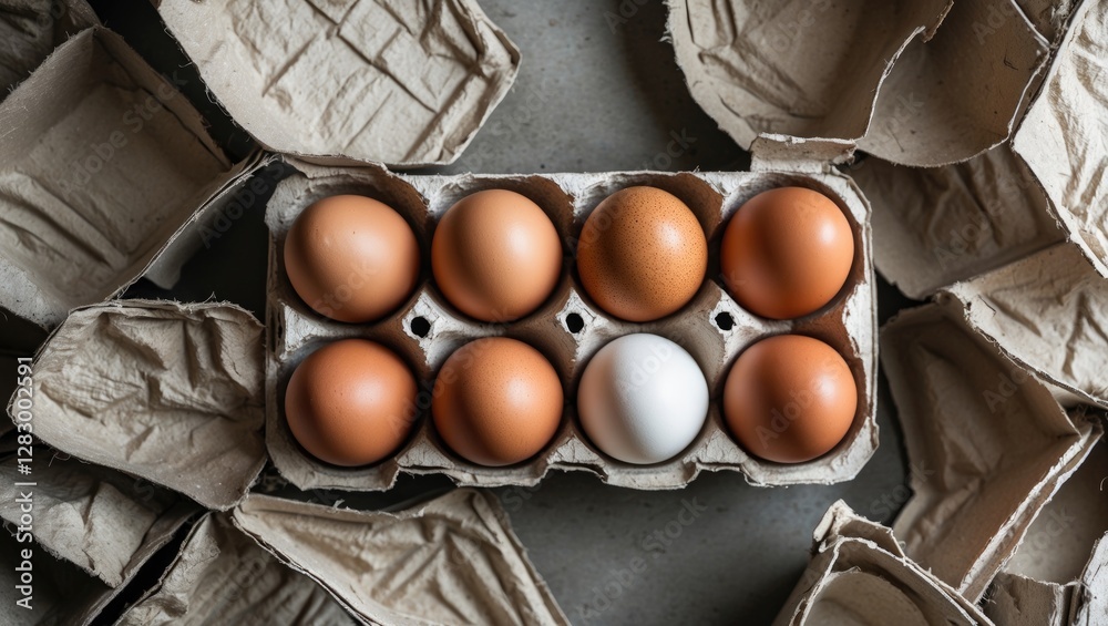 Poster Carton of eggs with two types of eggs arranged on a neutral background with empty egg carton shells surrounding the main carton