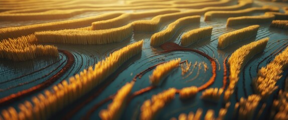 Abstract topographic landscape representation with intricate patterns and golden hues illuminated by ambient light