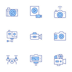 Camera icons set. Line Duotone style, editable stroke. movie camera, camera, drone, gopro, video recording, videocamera, video, photo camera