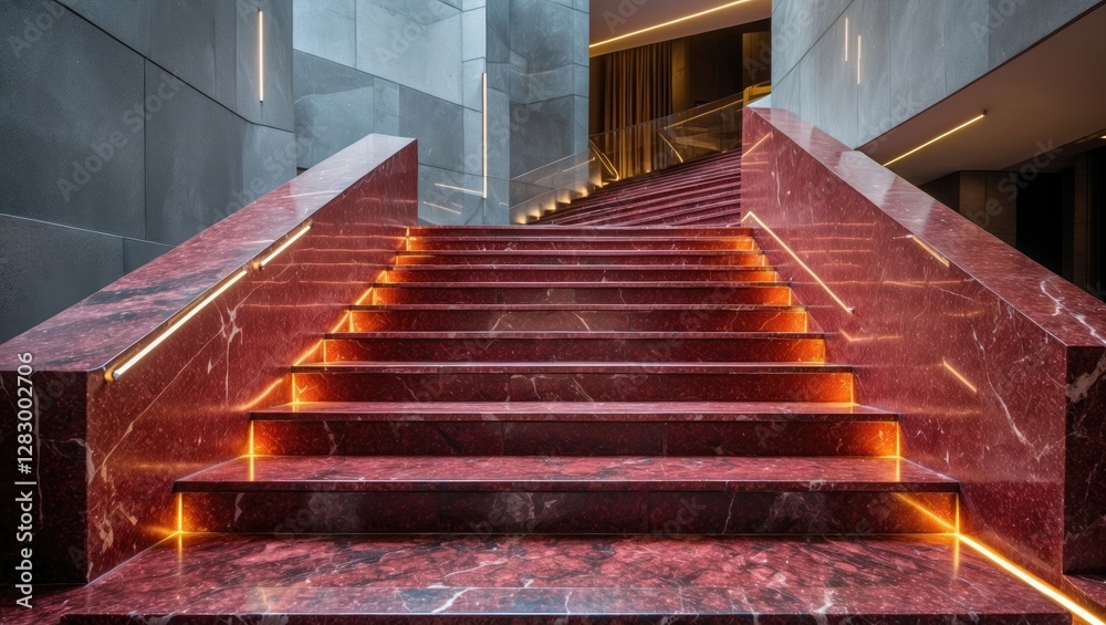 Poster interior view of modern staircase with illuminated marble steps and contemporary architectural desig