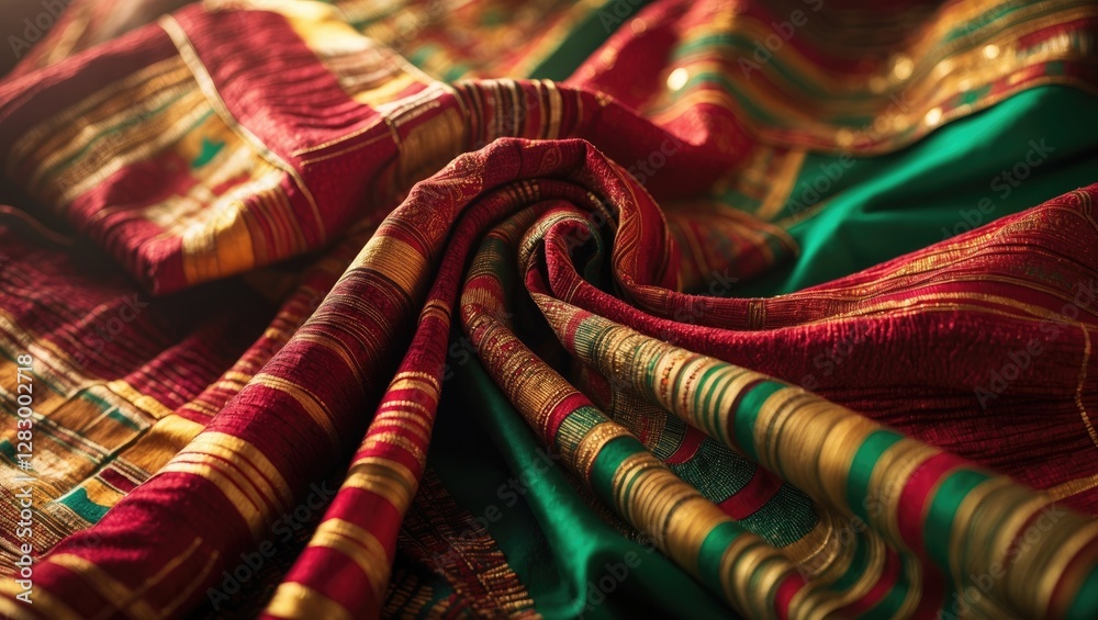 Poster vibrant traditional fabric with intricate patterns and textures showcasing red and green colors with