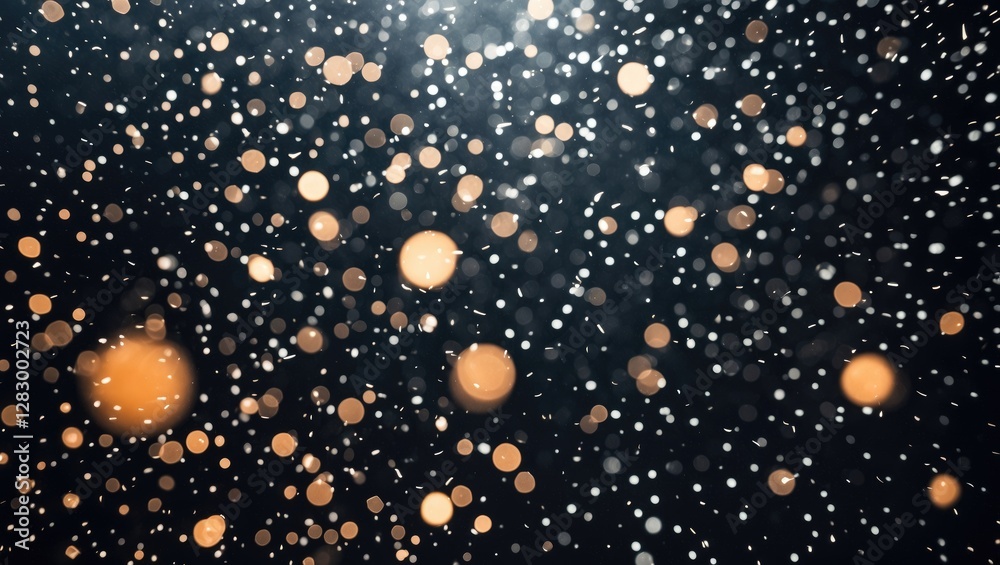 Poster abstract background with blurred bokeh lights in gold and white colors on dark backdrop with glitter