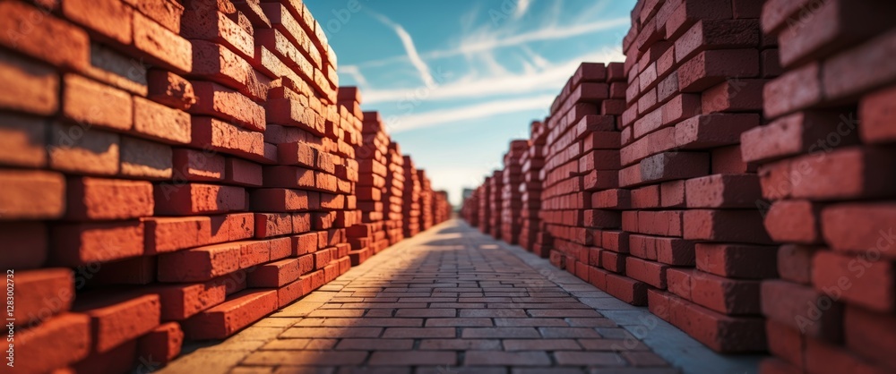 Poster red brick stacks lined up in a construction area with blue sky and clouds above creating a geometric