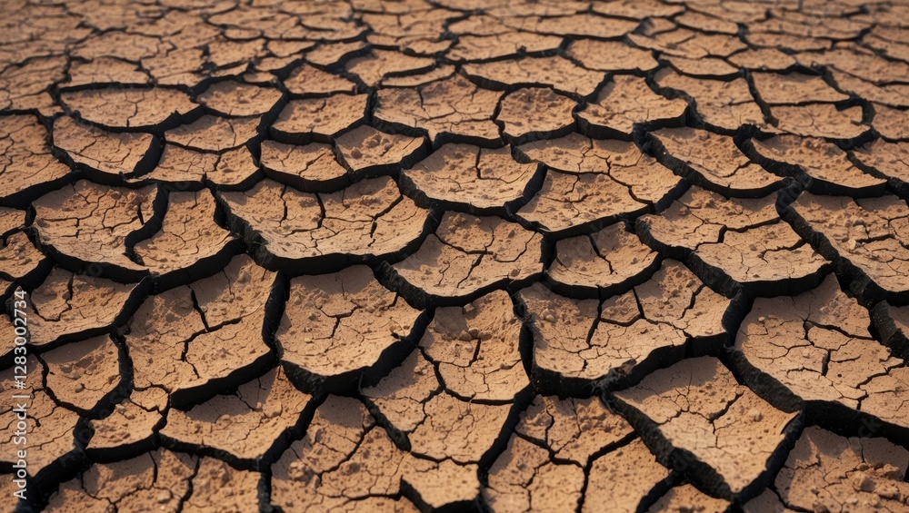 Poster dry cracked earth surface texture pattern with varying shades of brown and deep fissures revealing a