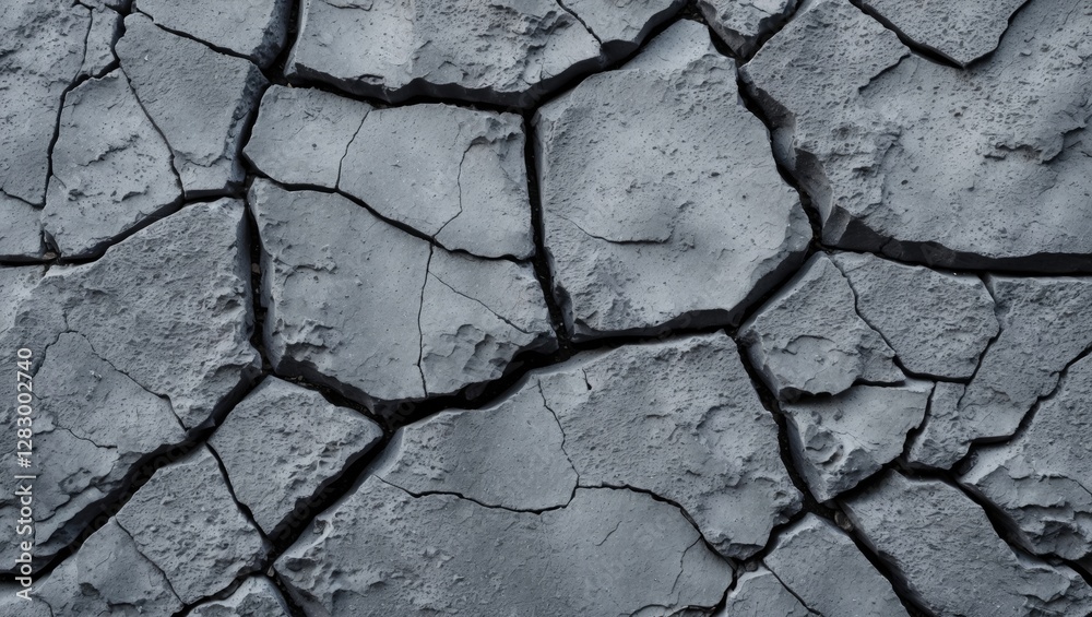 Poster Cracked dry soil texture with uneven surface and gray tones suitable for background or design projects.