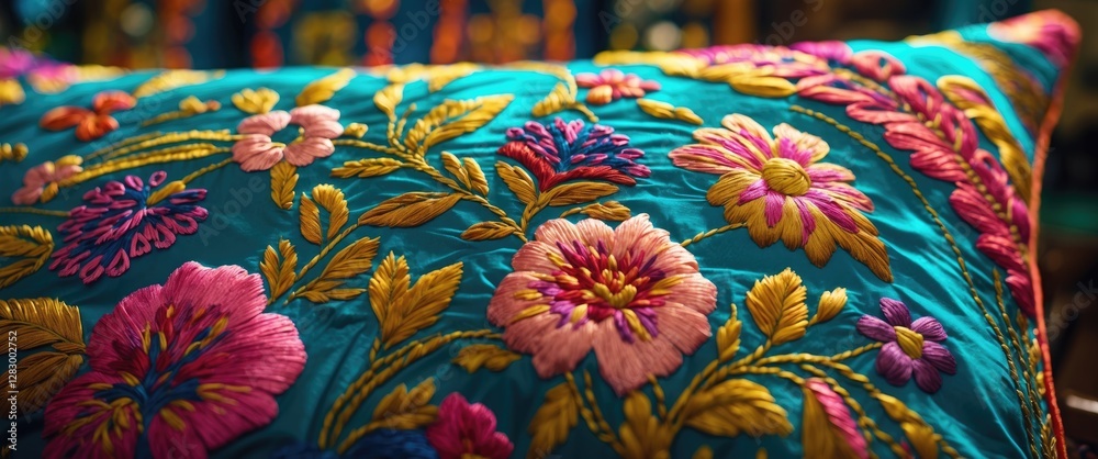 Poster colorful embroidered cushion with floral patterns on a vibrant turquoise fabric background displayin