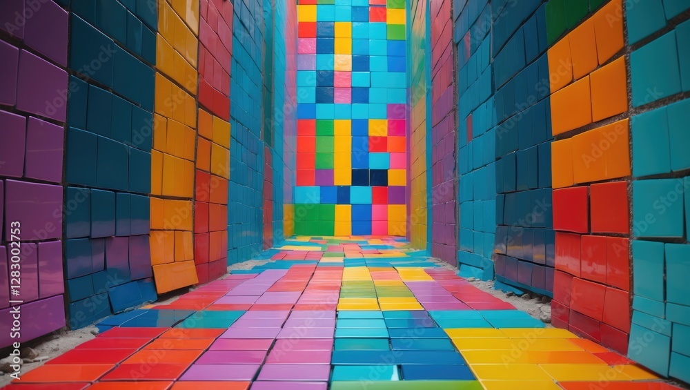 Poster Colorful tiled corridor with vibrant geometric pattern on walls and floor creating a playful and dynamic visual experience.