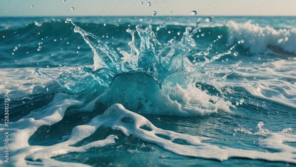 Poster splashing water waves with droplets and foam under natural light by the ocean beach during daytime.