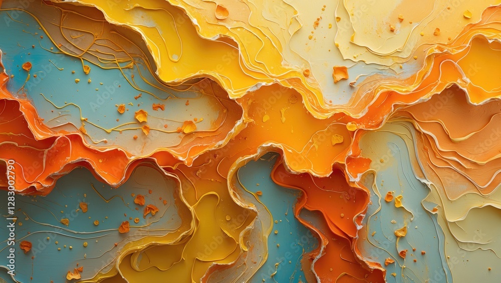 Poster abstract textured background with layered wavy patterns in shades of blue, orange, and yellow showca