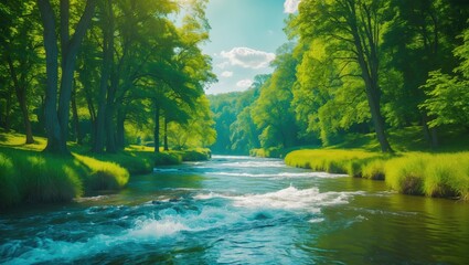 Fototapeta premium Lush green river landscape with flowing water surrounded by trees and grass under a clear blue sky in sunlight
