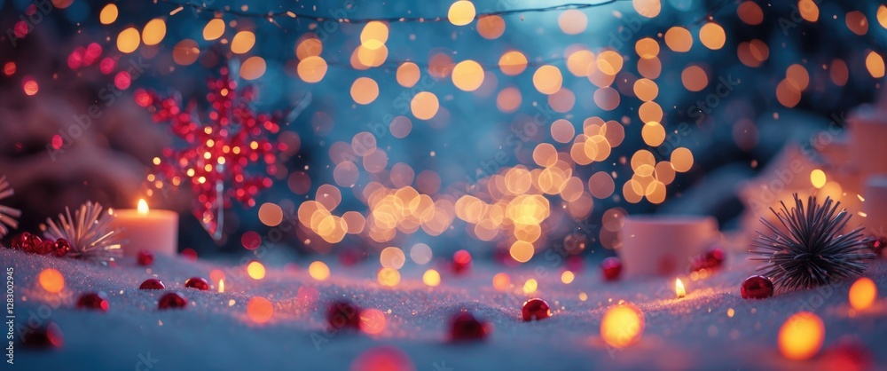Poster christmas vibes with warm fairy lights and decorations on snowy background in soft focus creating a 