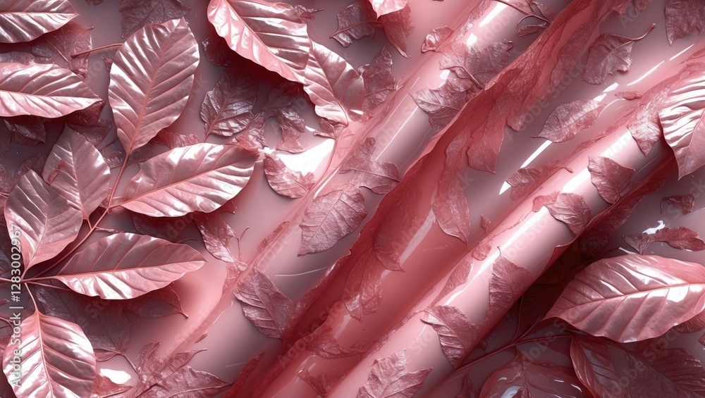 Leinwandbilder Textured background with pink leaves and glossy surfaces creating a layered visual effect in a soft gradient of pink hues.