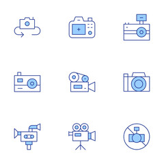 Camera icons set. Line Duotone style, editable stroke. video camera, camera, camera flash, photo camera, Frame, cinema, photo, no camera