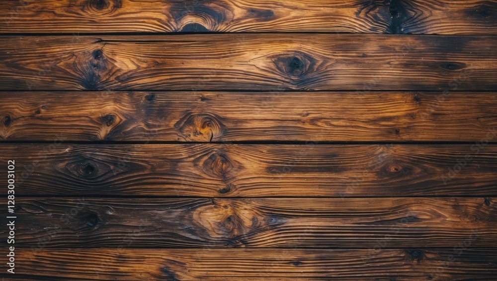 Poster dark wooden plank texture with visible grain and knots arranged horizontally on a surface.