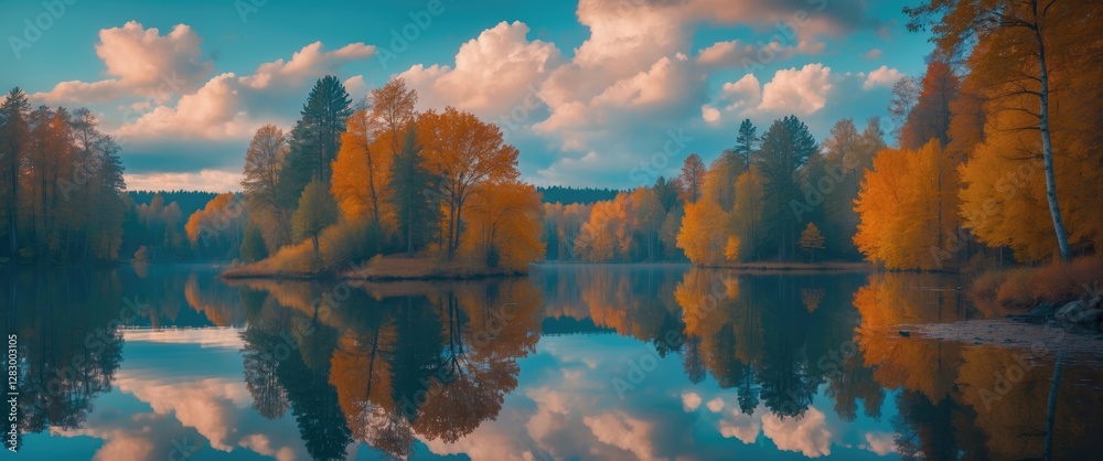 Poster autumn landscape with colorful trees and calm water reflecting clouds under a blue sky in a serene n