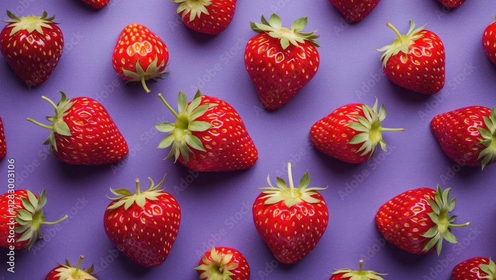Poster Red strawberries arranged on a purple background creating a vibrant flat lay composition for food photography and design use