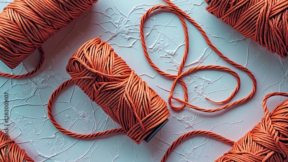 Poster Orange yarn spools arranged on a textured background with a loose strand forming a loop and scattered across the surface