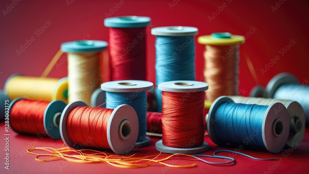 Poster colorful sewing threads on spools arranged artistically against a vibrant red background with soft s