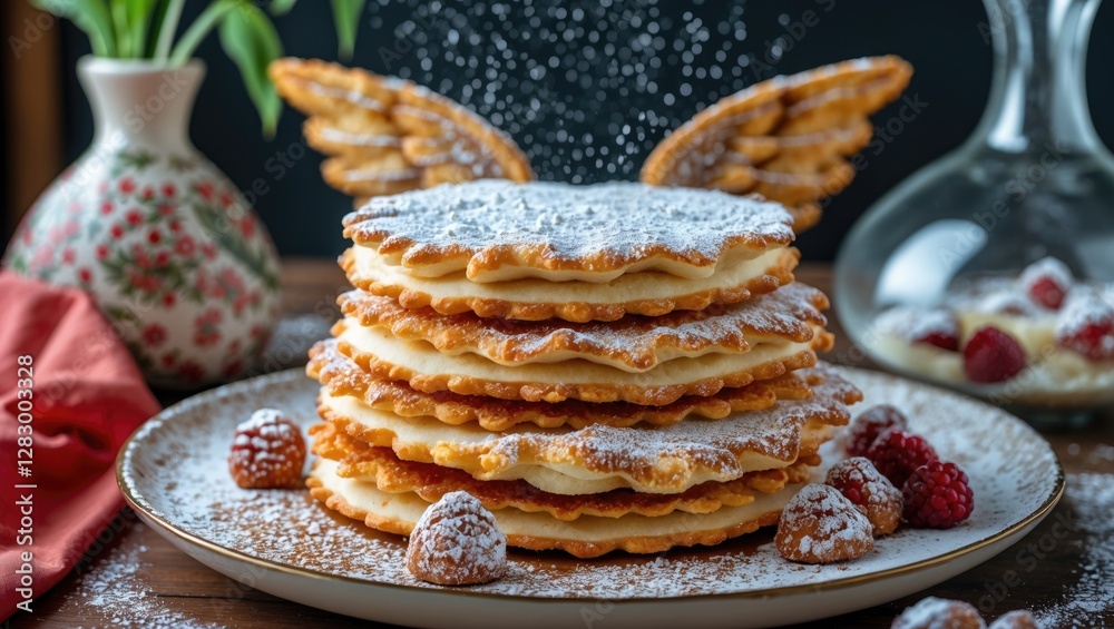 Poster stack of crispy waffles dusted with powdered sugar on a plate, garnished with raspberries and a deco