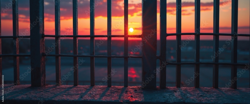 Poster sunset view through metal bars with vibrant colors and rays of light in the sky captured from a high