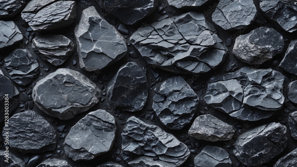 Poster textured background of dark gray slate stones with varied shapes and sizes arranged closely together