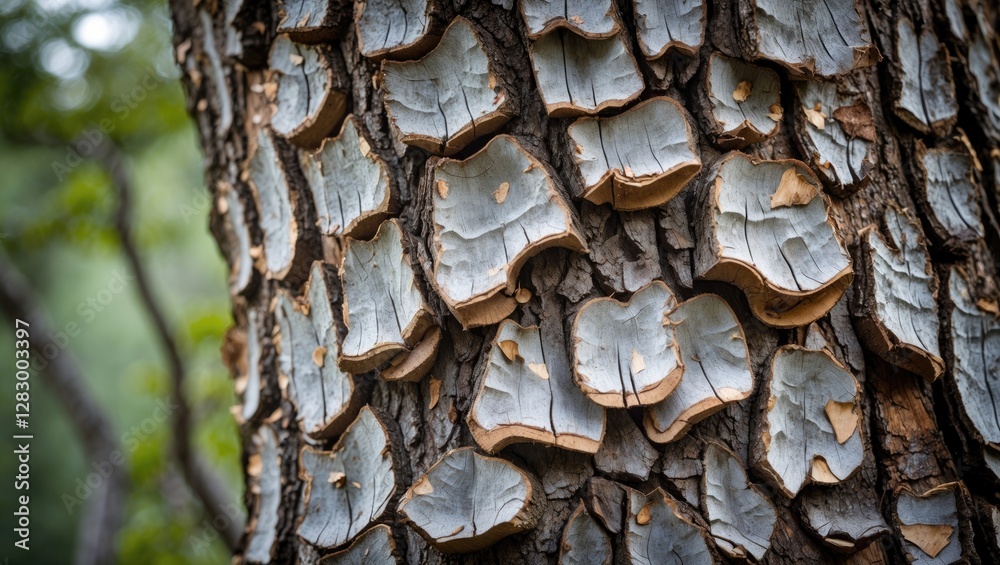 Poster Textured tree bark with unique patterns and colors in a natural outdoor setting, showcasing the intricate details of nature.