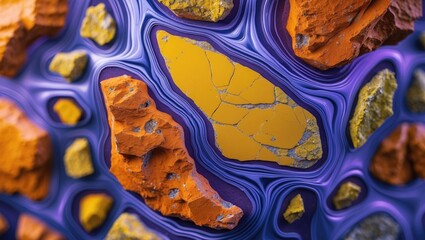 Colorful abstract composition featuring cracked yellow stones surrounded by orange and purple textures on a textured background