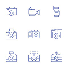 Camera icons set. Thin Line style, editable stroke. camera flash, camera T, video camera, camera, photo camera