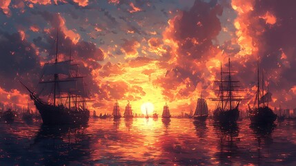Obraz premium Boston Harbor at sunset in anime style, historic ships sailing under a radiant sky, dramatic golden and pink hues reflecting on water, intricate anime-like detail and atmospheric charm. --ar 16:9