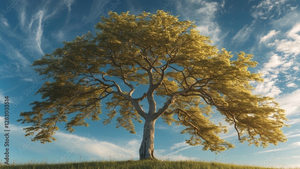 Aufkleber lone large tree with vibrant leaves against a blue sky and wispy clouds in a grassy field during day