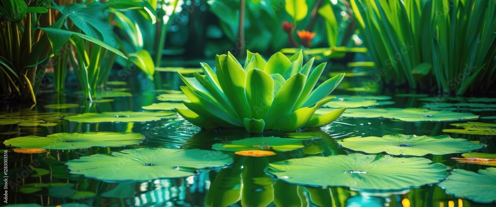 Poster water lily in tranquil pond surrounded by lush green foliage and lily pads reflecting in the water s