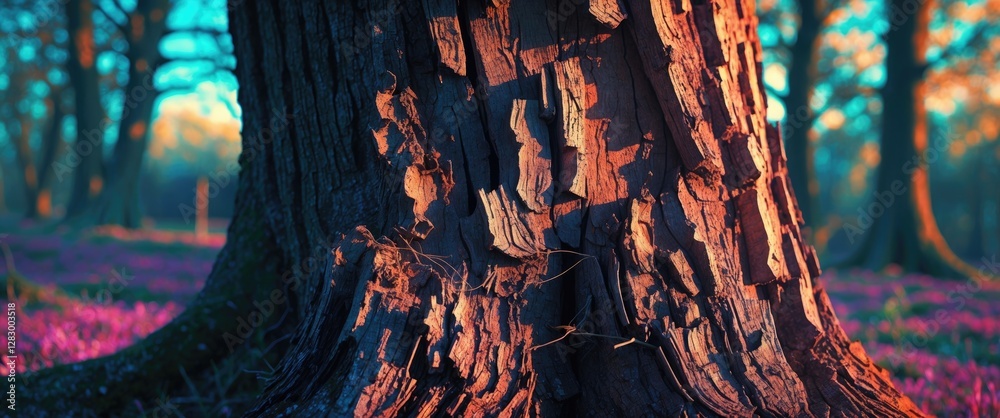 Poster Close-up view of textured tree bark with colorful lighting in a forest setting surrounded by purple flowers and blurred background trees